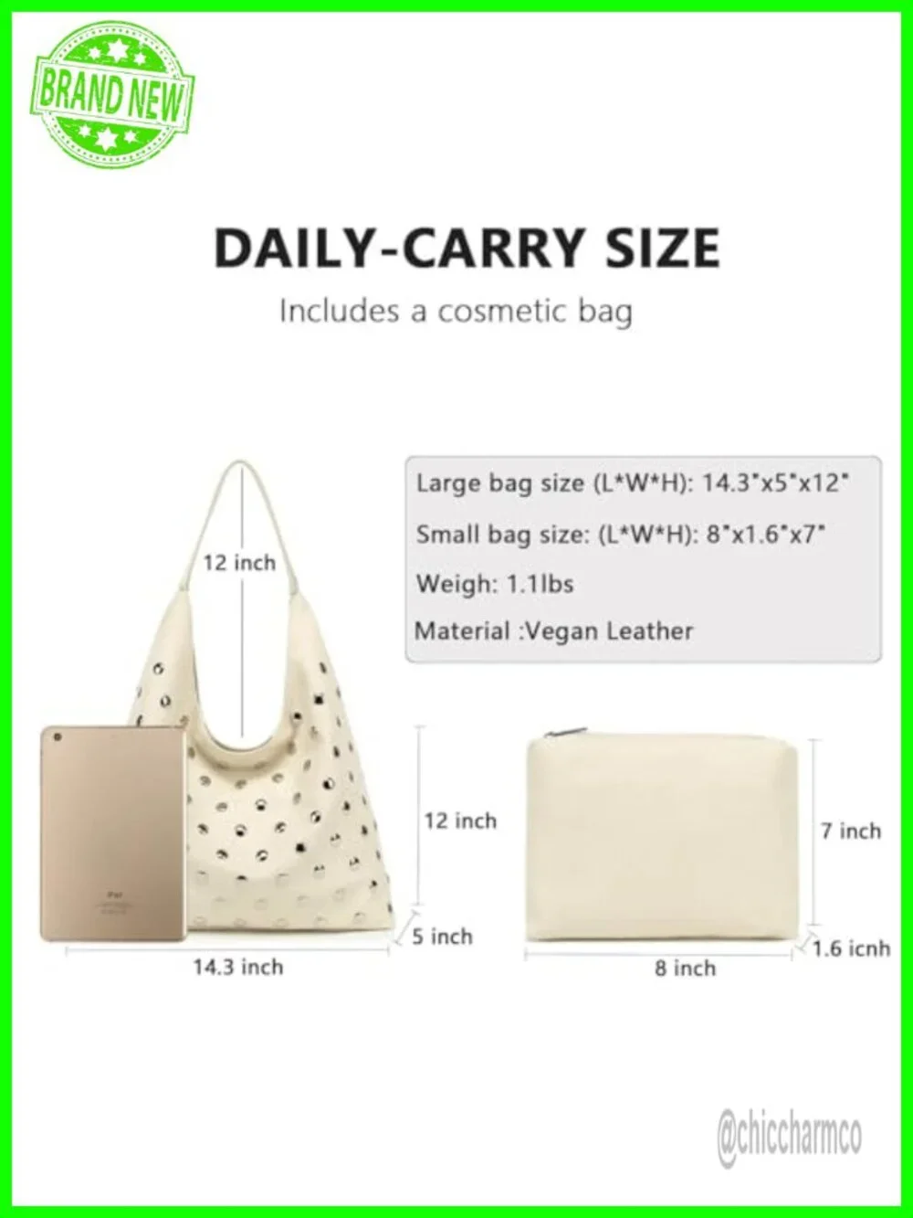 Studded Hobo Bag Vegan Leather Tote Purse Soft Slouchy Shoulder Bag